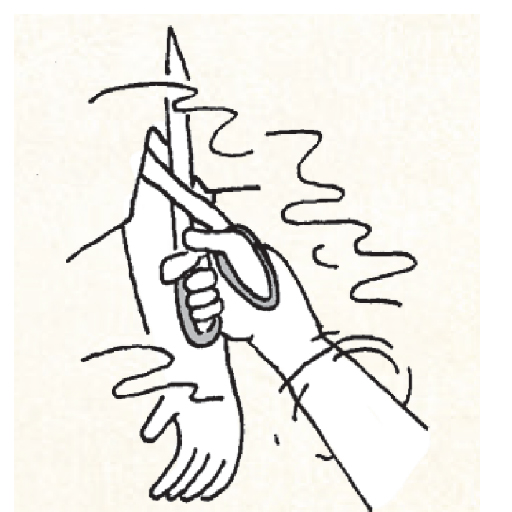 脫：在冷水中用剪刀剪開患處衣物，若沾黏於患處時，勿強行剝除。